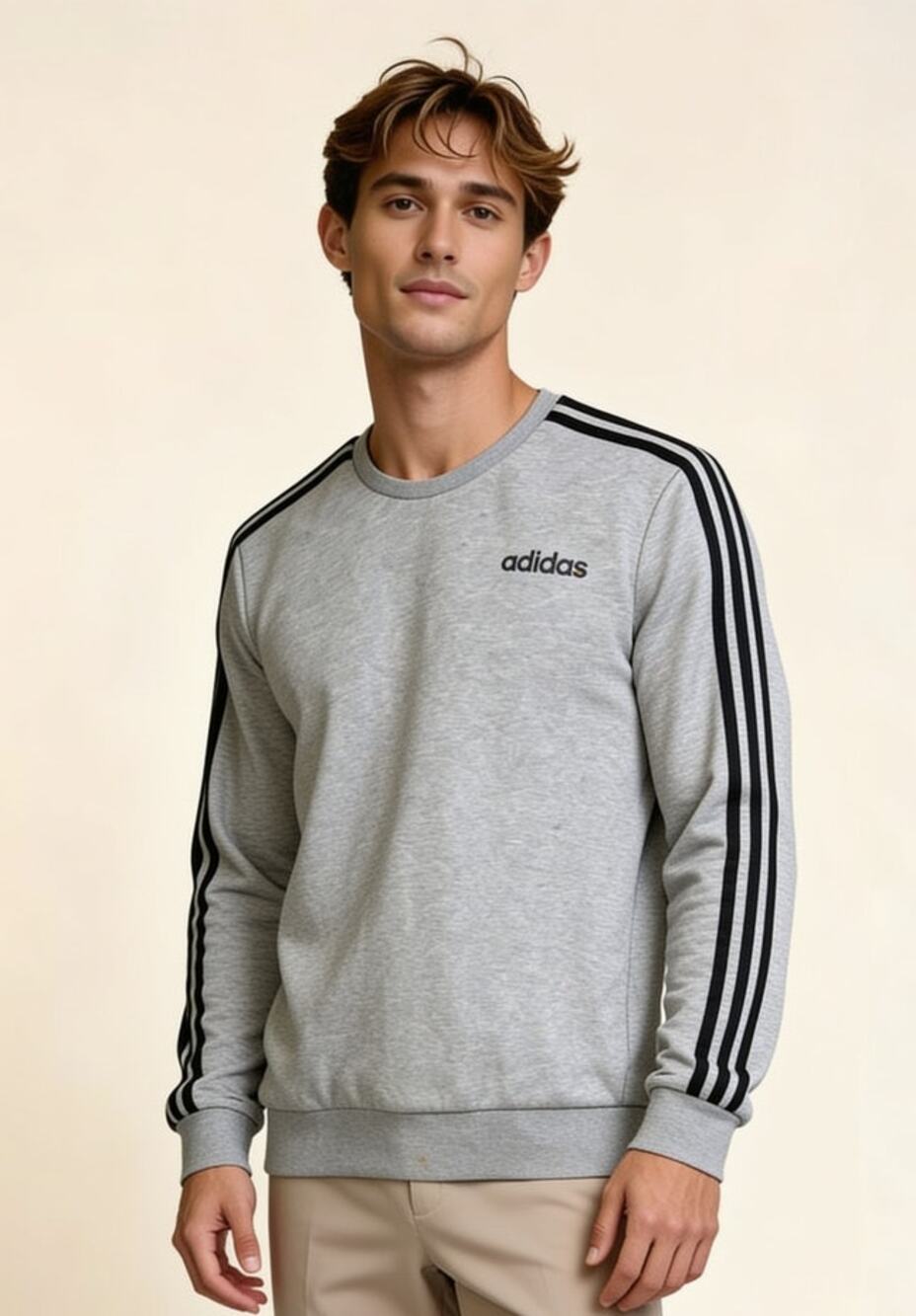 Adidas Gray 3 Stripe Crewneck Sweatshirt Men's Medium Athletic Pullover